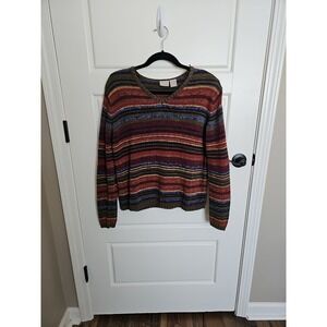 Vintage 90s Fiorlini International Striped Ramie Cotton Blend KnitV-Neck Sweater